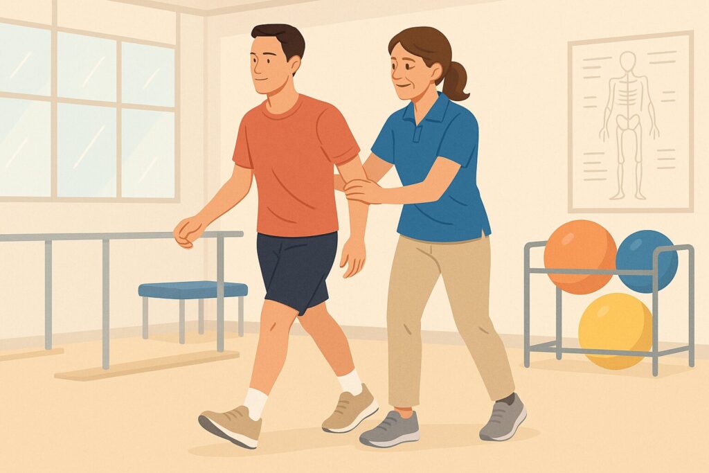 前十字靭帯と半月板の手術後、若い男性がリハビリ室で歩行練習をしており、45歳ほどの女性理学療法士が横で姿勢を確認して指導している様子のイラスト