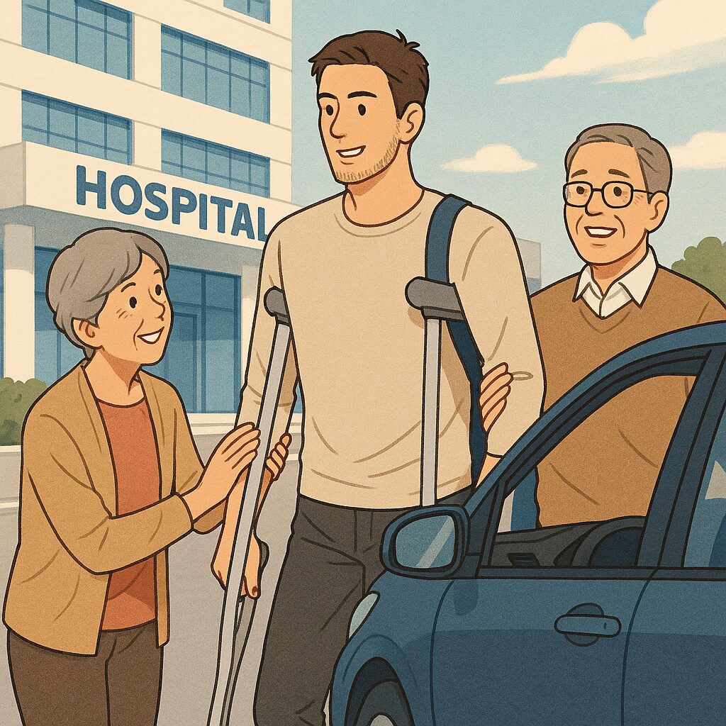 退院日に松葉杖で病院を出る男性を、両親が車で迎えに来た場面のイラスト