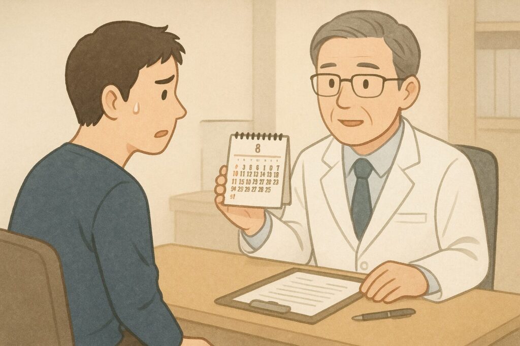 診察室で医師の前に座り、手術日を相談している男性。少し緊張した表情で話を聞き、医師は穏やかにカレンダーを示して説明している。