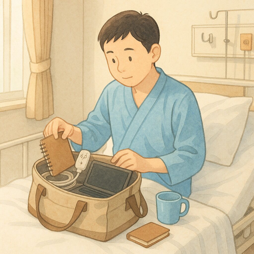 病院のベッドの上で、青い病衣を着た男性が入院用の荷物を確認している。朝の光が差し込む静かな病室の手描き風イラスト。