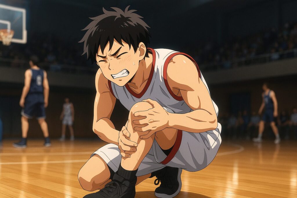 バスケットボール試合中に右膝を押さえて苦痛の表情をする日本人選手（前十字靭帯・半月板損傷）