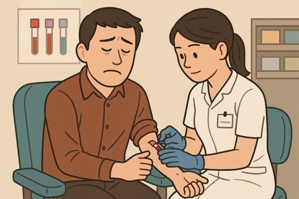 入院前検査で採血を受ける男性。怖さから目をつむり、看護師が優しく対応している様子のイラスト