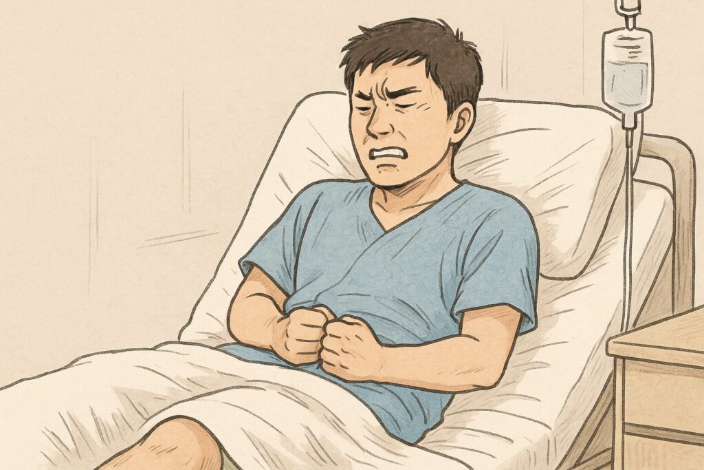 入院中の病室で、青い病衣を着た男性が痛みに耐えるように顔をゆがめ、ベッドの上で上体を起こしながら拳を握っている様子を描いた手描き風イラスト。
