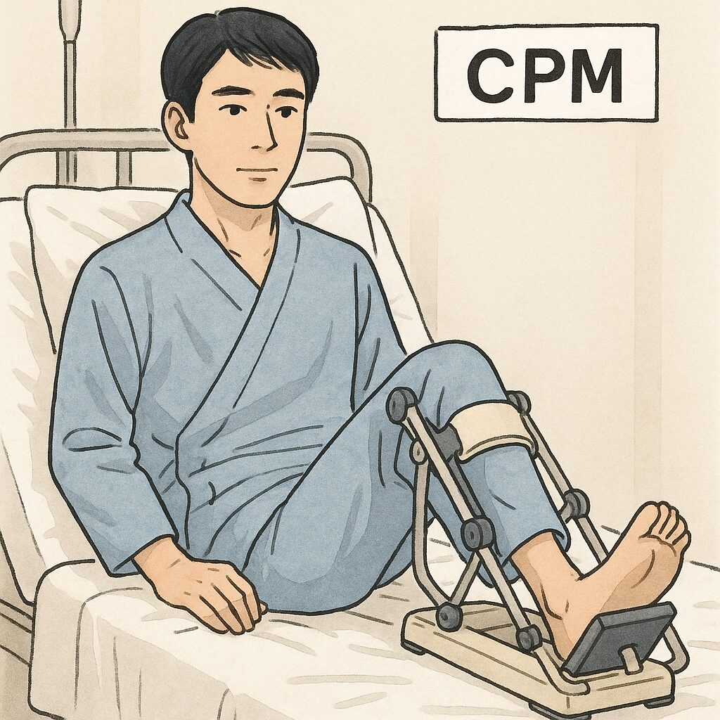 CPM機器を使って膝の曲げ伸ばしをしている男性の手描き風イラスト