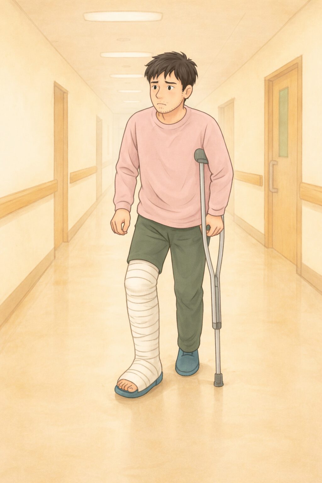 前十字靭帯と半月板の手術2日目に、片松葉杖でリハビリ室へ向かう男性