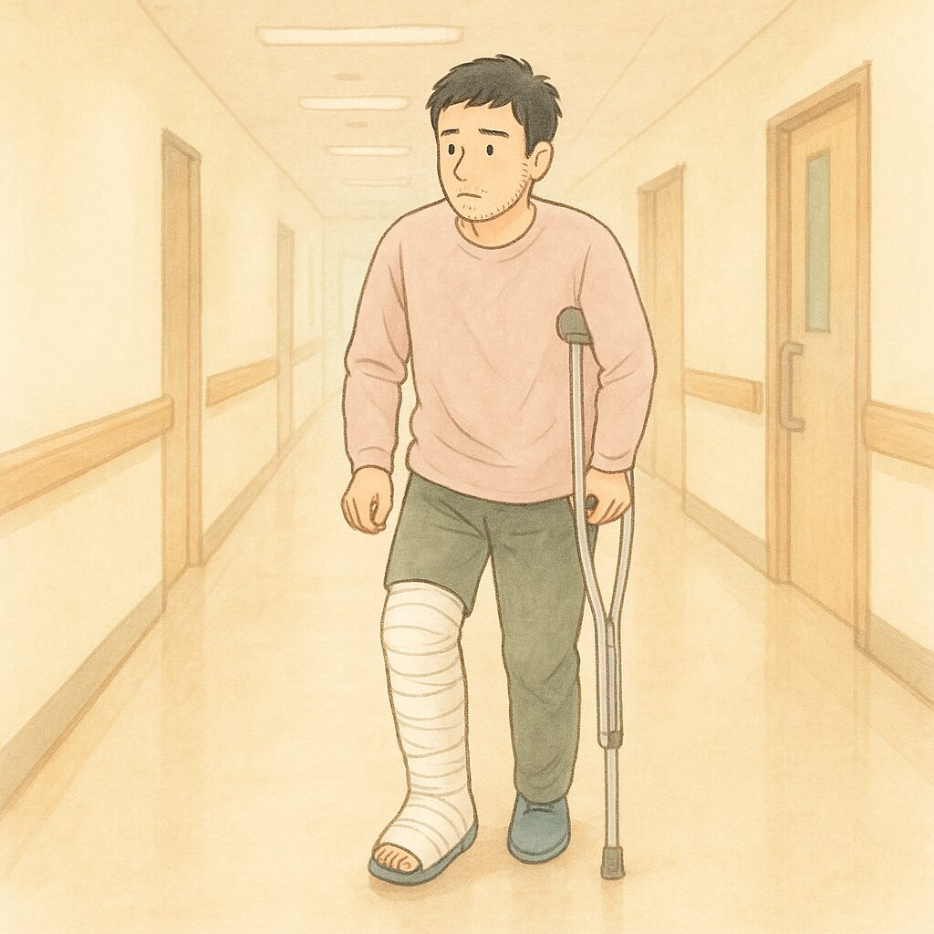 手術2日目はついにリハビリ開始。片松葉デビューとCPMで膝が悲鳴