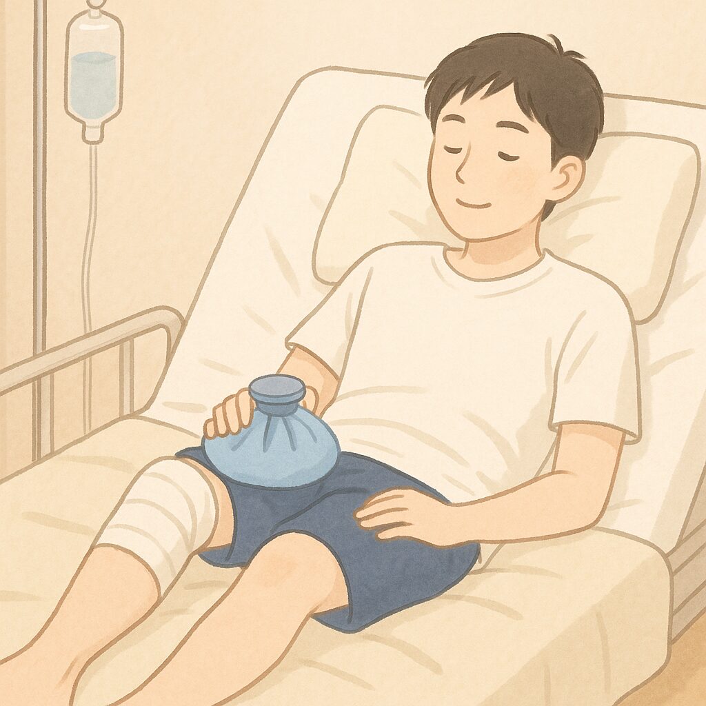 手術後、病室のベッドで右ひざを包帯で固定しながらアイスバッグで冷やす若い男性患者が、少し落ち着いた表情で休んでいる手描き風イラスト。
