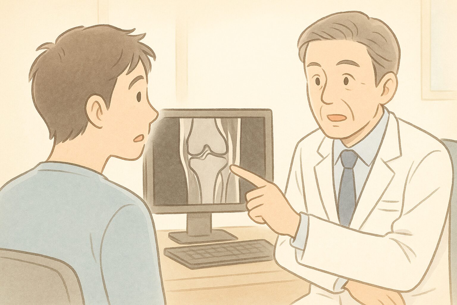 MRI画像を見ながら前十字靭帯断裂の説明を受ける場面のイラスト