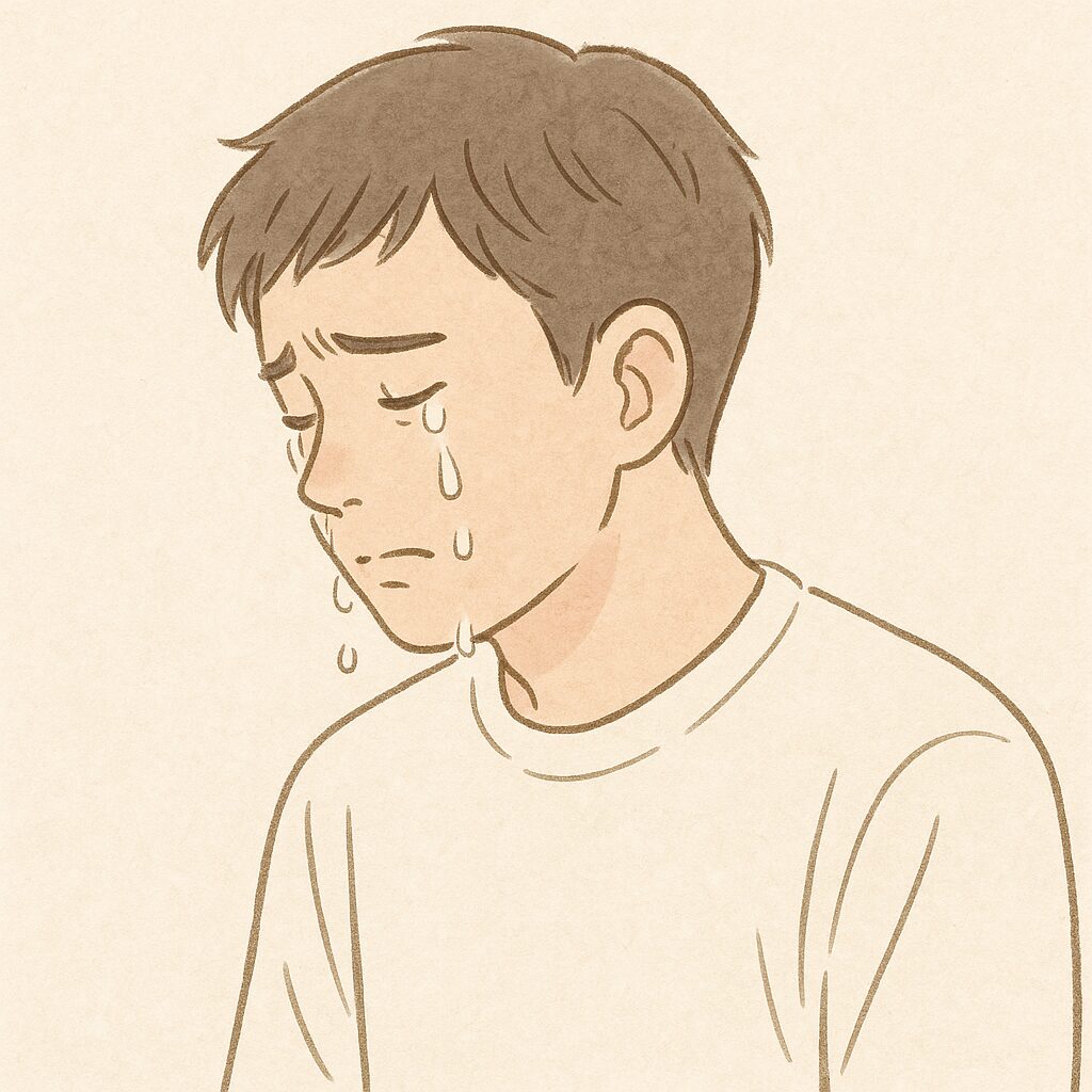 帰宅後に悔しさで涙を流す男性のイラスト