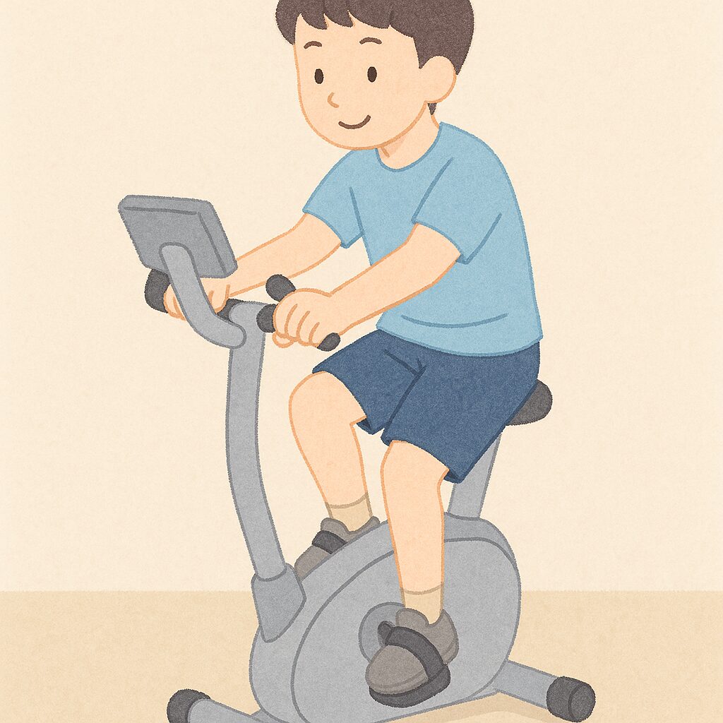 術後3週間の初通院で、男性がエアロバイクを使った軽い有酸素リハビリを行っている様子を描いた柔らかいタッチのイラスト。
