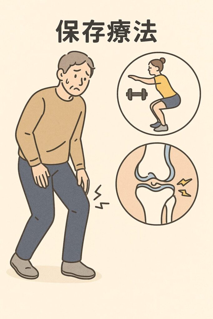 前十字靭帯損傷の治療方法を説明するイラスト。保存療法と手術療法の特徴を比較し、膝の解剖図と治療イメージを組み合わせた図解