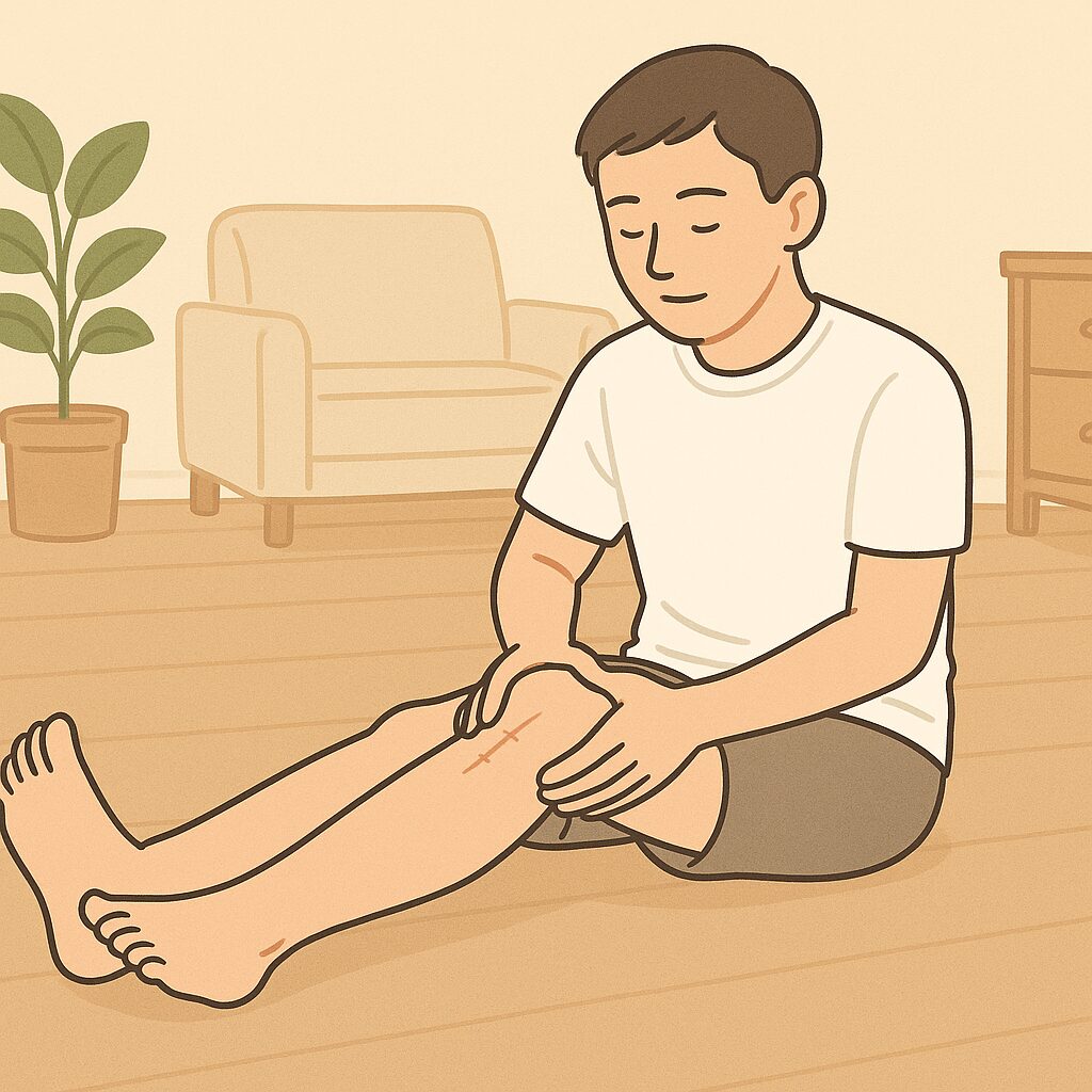 前十字靭帯再建術後、退院直後の自宅ケアとして、男性が床に座って右足をまっすぐ伸ばし、膝を優しくマッサージしている様子のイラスト