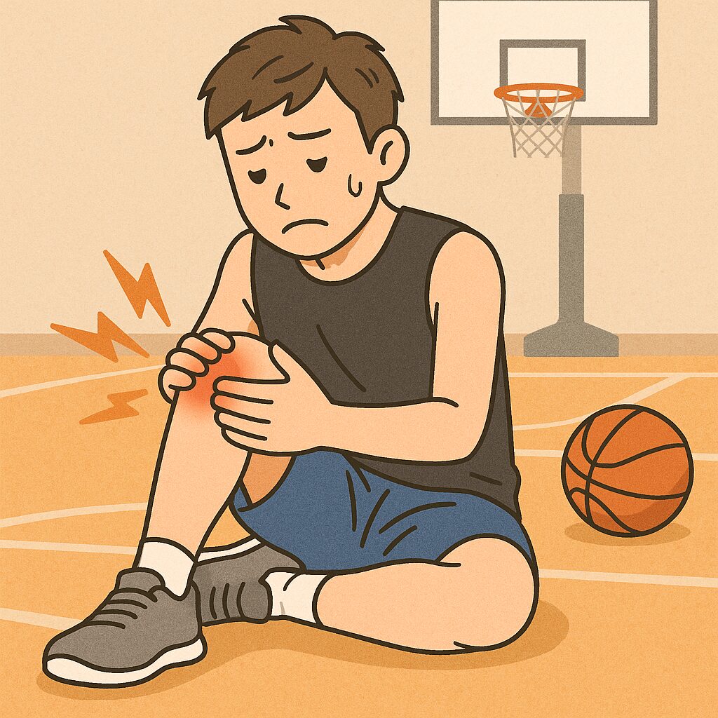 バスケットボール中に膝の違和感を覚えて座り込む男性のイラスト。膝を押さえて不安そうな表情をしている。