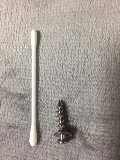 前十字靭帯再建術で使用されていたボルトの実物写真。綿棒と並べて大きさを比較している。