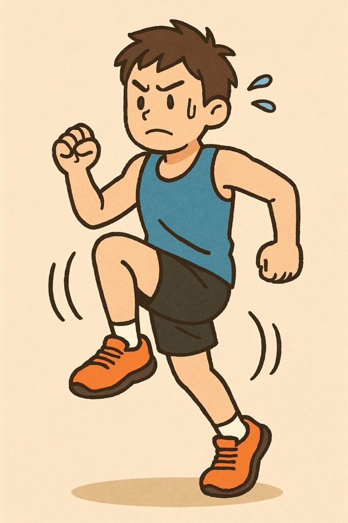ハーキー運動をしている男性のイラスト。素早い足踏みで体を温めるトレーニングのイメージ。
