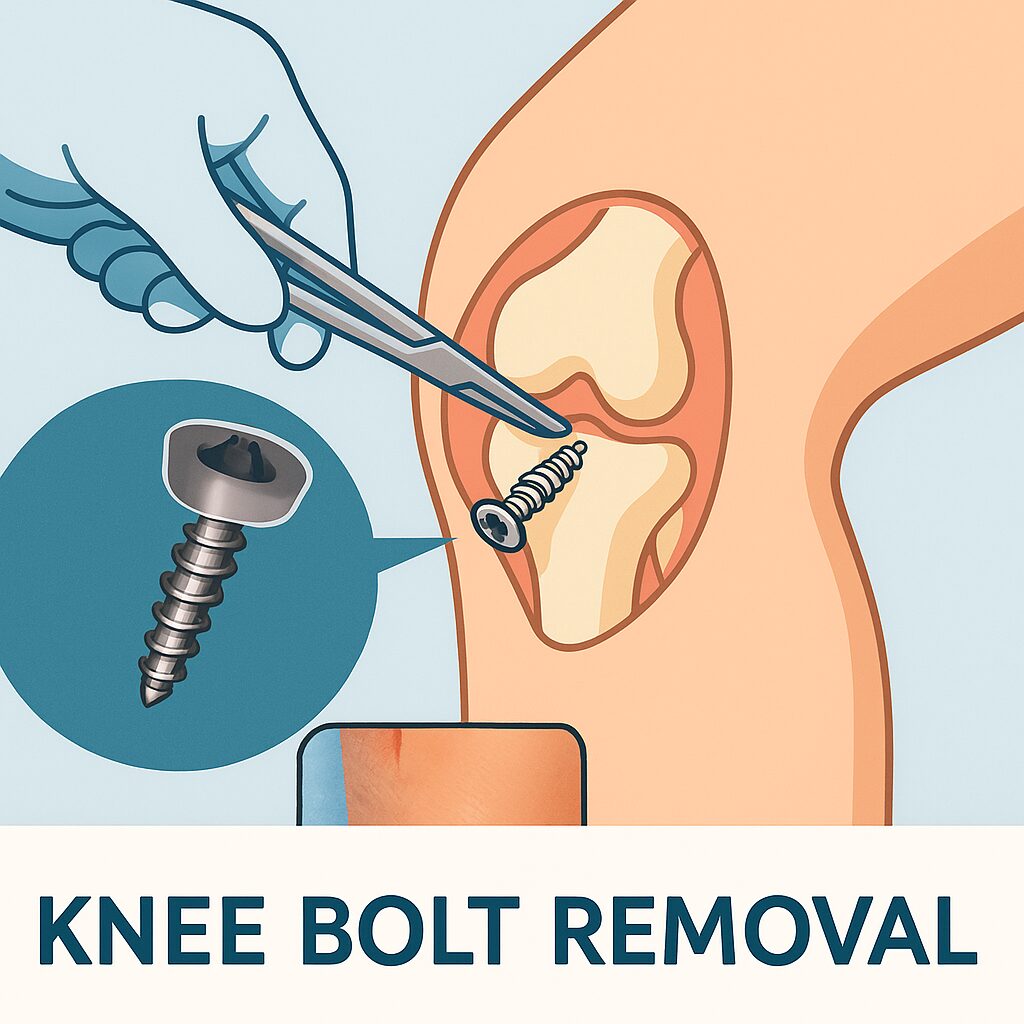 膝の手術でボルトを抜く様子を示すイラスト。右ひざの術部から金属ボルトを鉗子で引き抜こうとしているシーンを描いたもの。