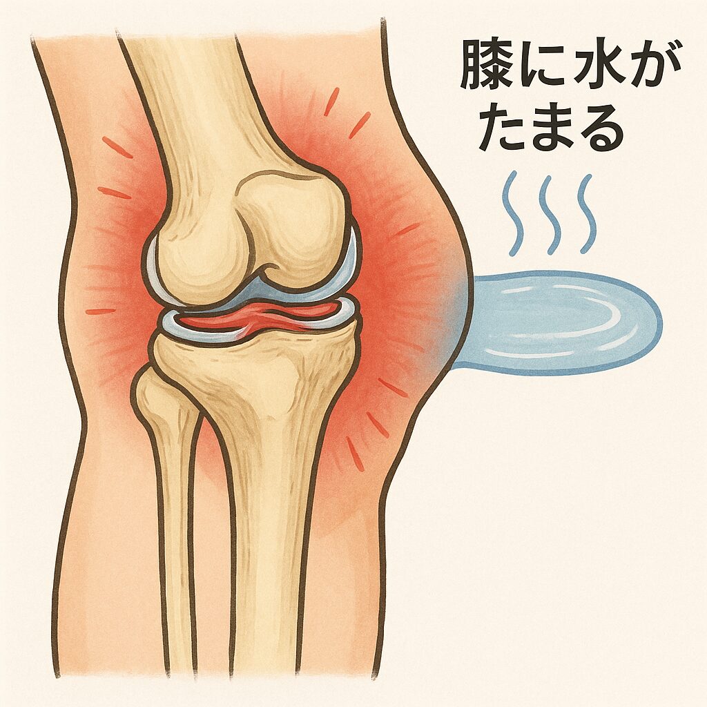 半月板損傷で膝に水（関節液）がたまった状態を示すイラスト。膝関節が腫れ、内側に炎症が起きている様子をわかりやすく表現している。
