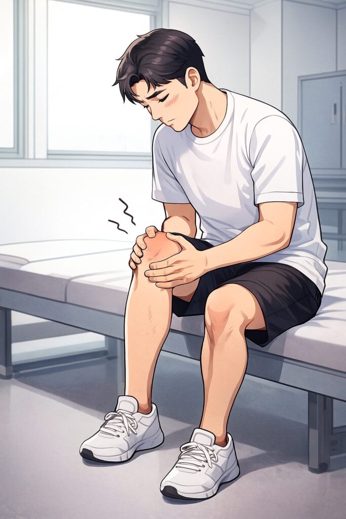 膝に違和感を覚え、片手で膝をそっと押さえて状態を確かめている男性のイラスト