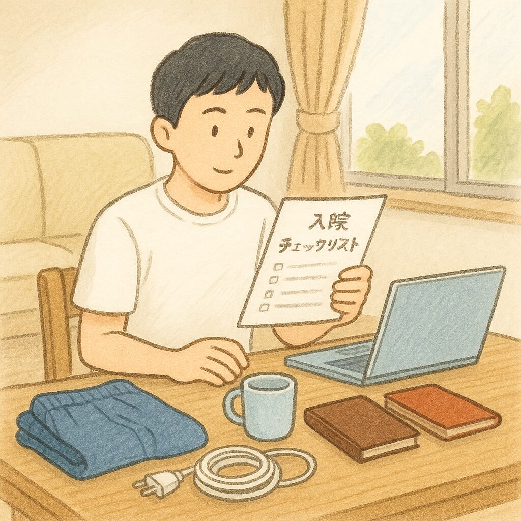 リビングで、青いハーフパンツと白いTシャツを着た男性が、机の上に並べた着替え・延長コード・コップ・手帳・ノートPCを前に「入院チェックリスト」を確認している。柔らかな光が差し込む家庭的な雰囲気の手描きイラスト