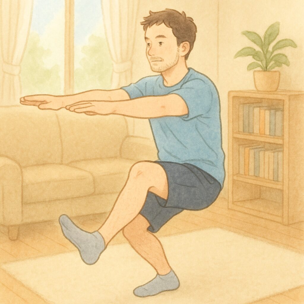 自宅で浅めの片足ハーフスクワットを行う男性のトレーニングイラスト