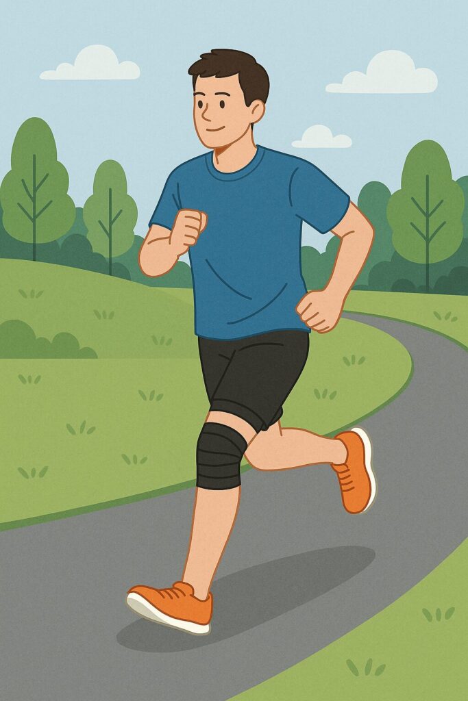 膝を保護しながらランニングを再開した時期ランニング中に膝サポーターを着けた男性のフラットイラスト
