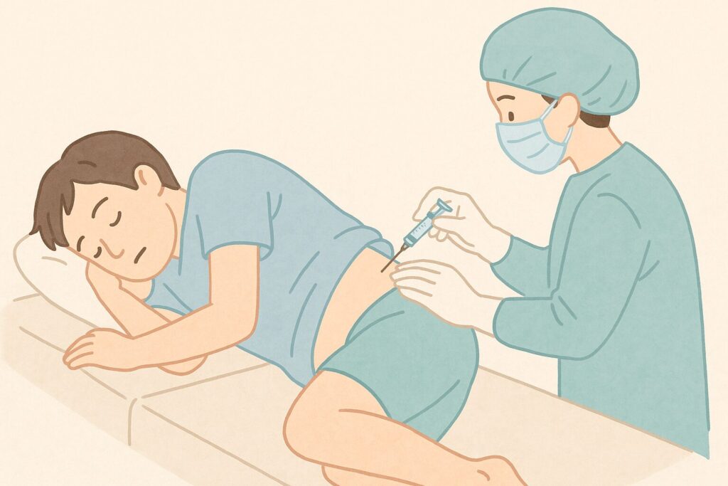 横向きに体を丸めて腰椎麻酔を受ける男性のイラスト。膝の手術前に行われる麻酔準備の様子をソフトなタッチで描いた画像。