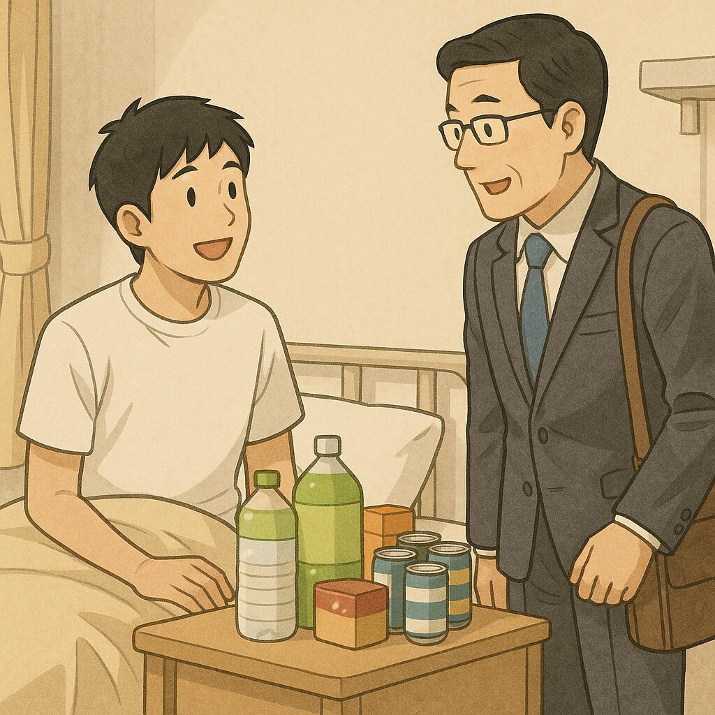入院中の私を上司が見舞いに訪れ、飲み物や差し入れを机に置いて会話しているイラスト
