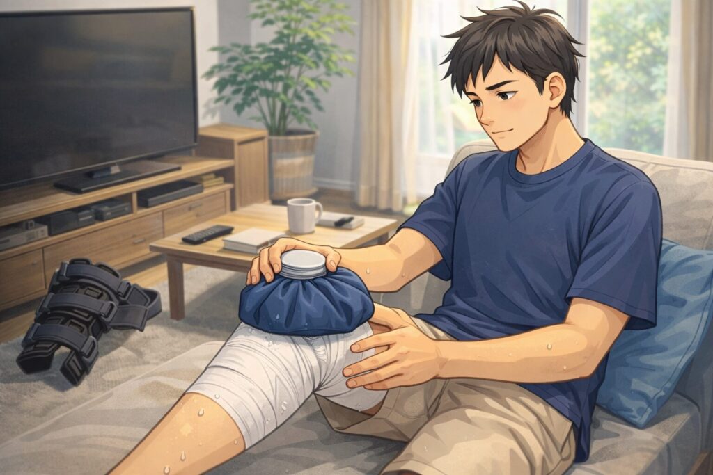 自宅のリビングで前十字靭帯手術後の右足を、包帯の上から氷嚢で冷やしている男性
