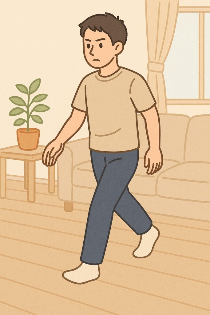 前十字靭帯損傷後の手術前リハビリとして、リビングで正しい姿勢で歩く練習をする青年のイラスト。真剣な表情でフォームを意識している。