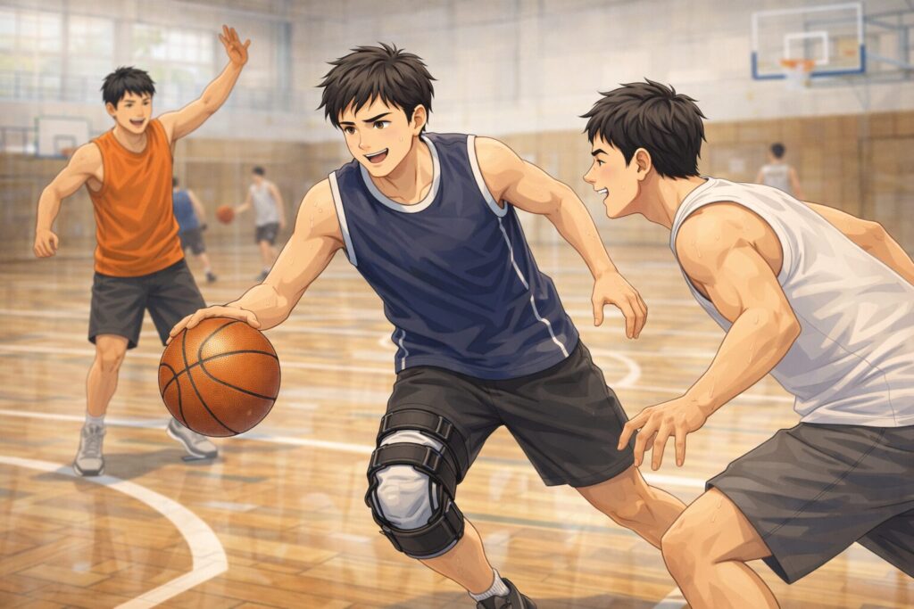 前十字靭帯再建術後、膝サポーターを装着しながらバスケットボールの実戦練習に参加している様子