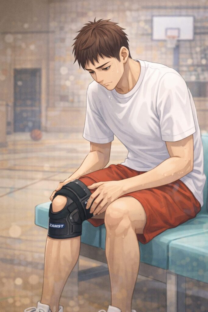 前十字靭帯再建術後、体育館のベンチで膝の不安を感じながらサポーターを見つめる男性