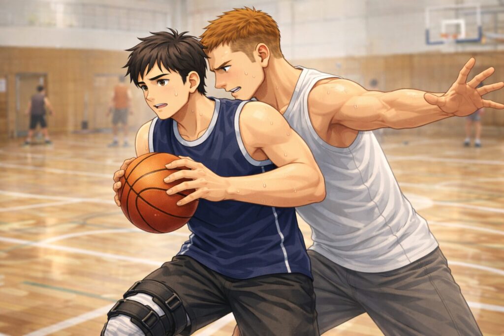 前十字靭帯手術後のリハビリ期に、ポストプレイで体を張ってプレーするバスケットボールの練習シーンのイラスト