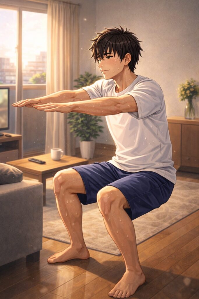 自宅のリビングで朝活としてスクワットを行っている男性