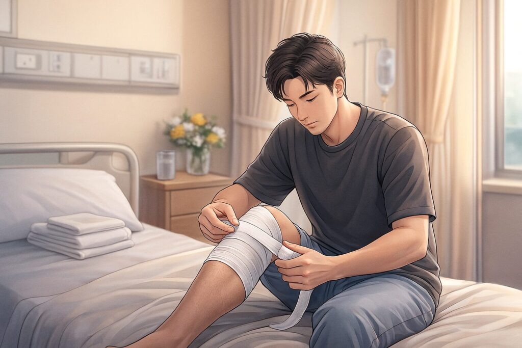 手術から3日目の若い男性が病室のベッドに座り、落ち着いた表情で自分の膝に包帯を巻いているイラスト。柔らかな光の差し込む病室で、落ち着いた雰囲気が伝わる。