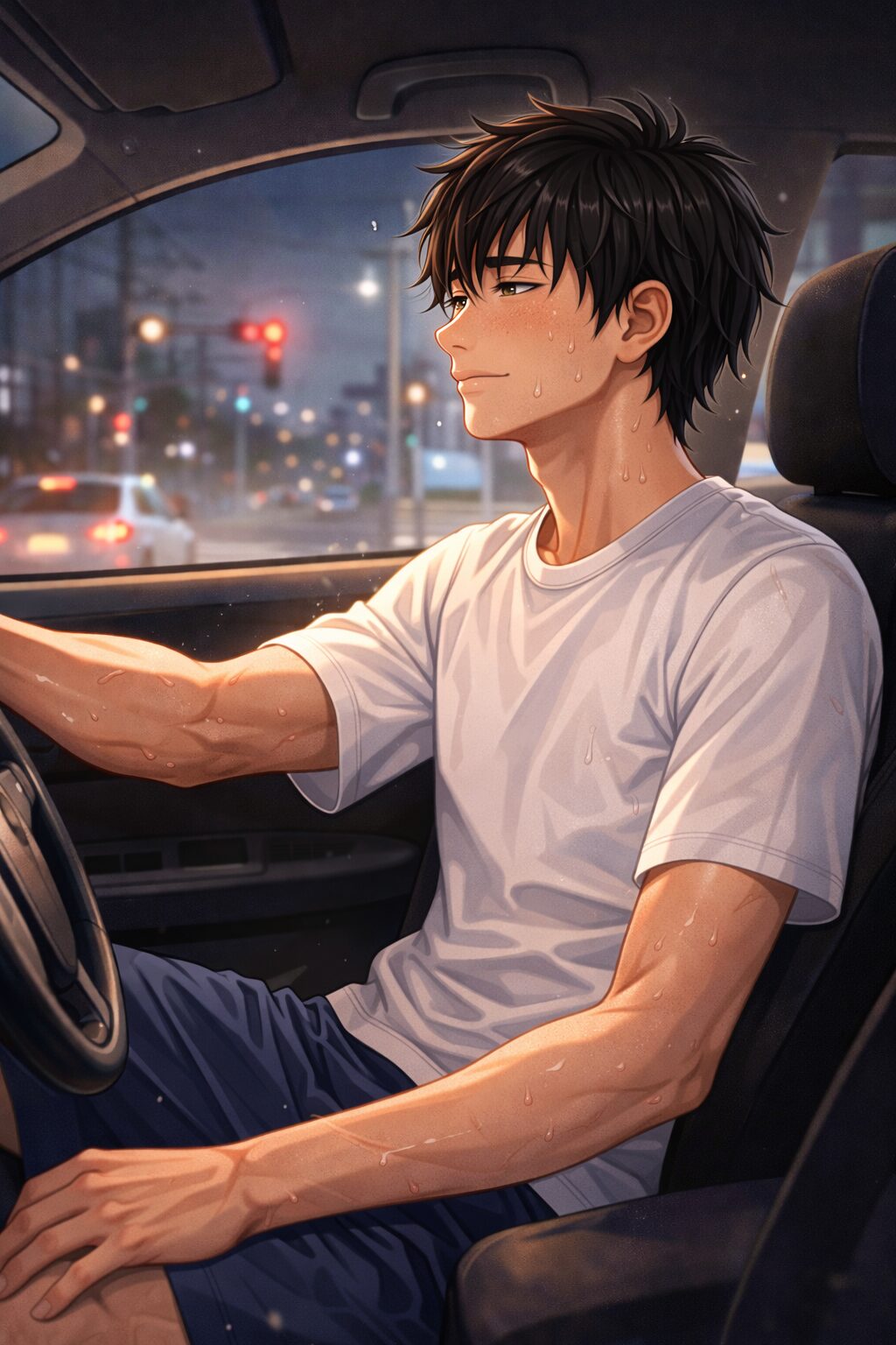 バスケットボールの練習後、疲れた体で車を運転して帰宅する男性