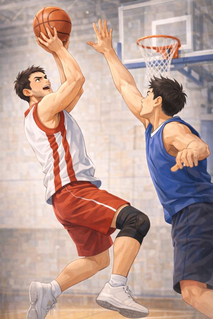 右膝にサポーターを巻いてジャンプシュートを放つ30代男性のバスケットボールイラスト