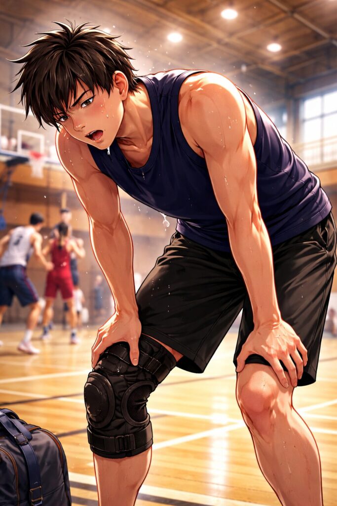 バスケットボールの練習中に疲労で膝に手をついて息を整える男性の後ろ姿