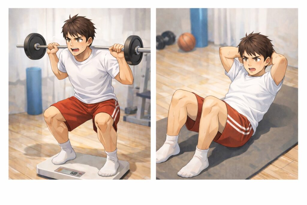 体重増加に気づき、自宅で筋トレに取り組むリハビリ中の男性のイラスト