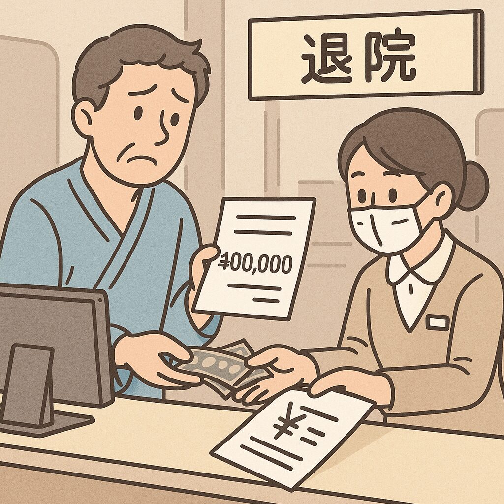 退院手続きの会計で高額請求書を見て困惑する男性と、会計処理を行う病院スタッフのイラスト