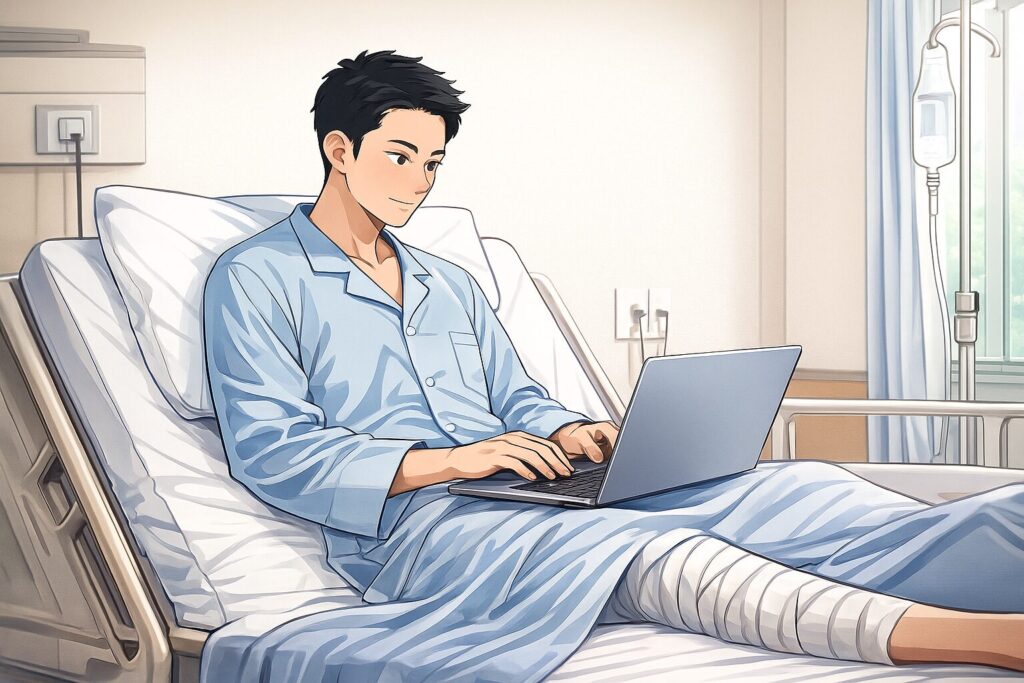 入院中の男性がベッドでパソコン作業をしている様子を描いたイラスト。電話禁止の病室で静かに事務作業を行っているシーン。