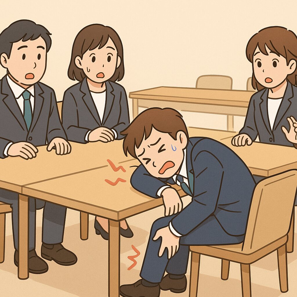 会議中にふくらはぎの痛みで机に突っ伏してしまった男性と、驚いて心配する周囲の参加者のイラスト