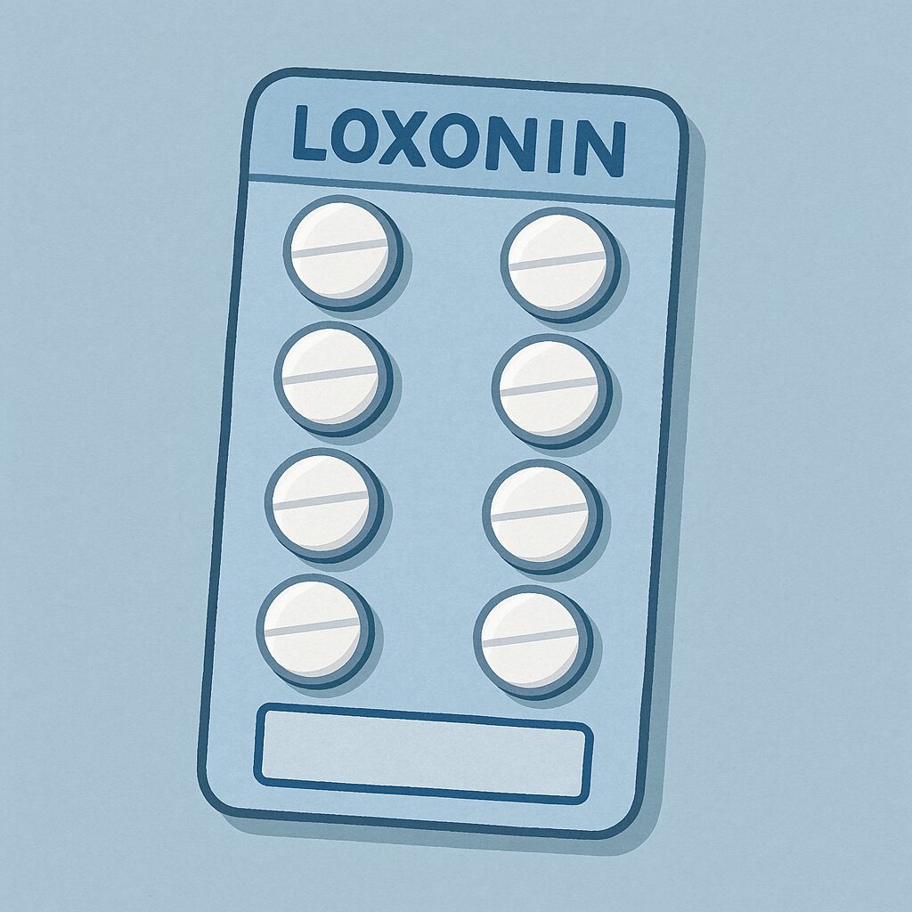 ロキソニンの錠剤シートをやさしいタッチで描いたイラスト。ふくらはぎの強い痛みへの対処として服用した場面を表現。