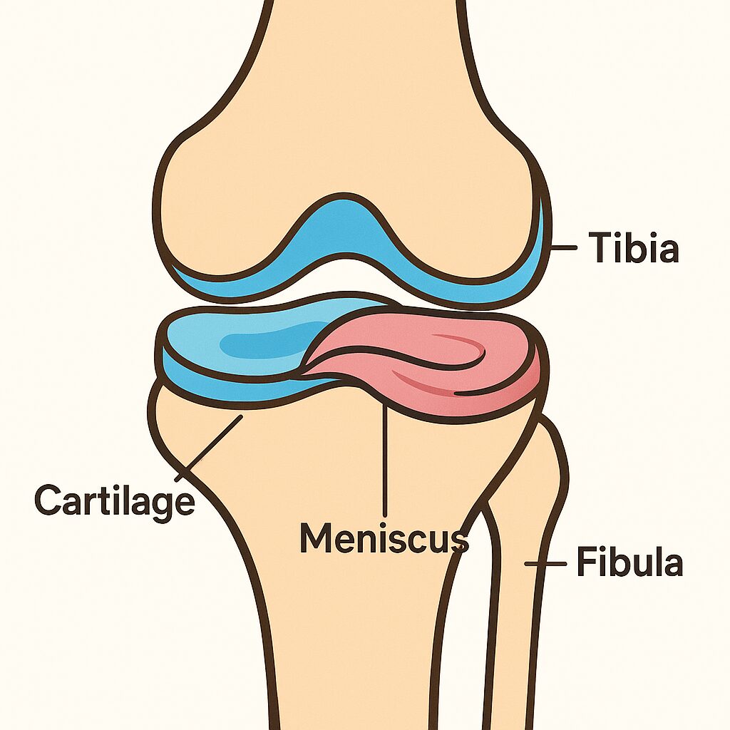 膝関節の断面図を示すシンプルなイラスト。大腿骨・脛骨・軟骨・半月板の位置関係がわかりやすく描かれている。