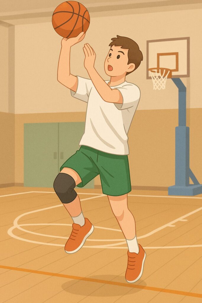 半月板手術から3か月、右脚に黒いサポーターを装着した男性が体育館でジャンプシュートを練習している様子を描いたイラスト。