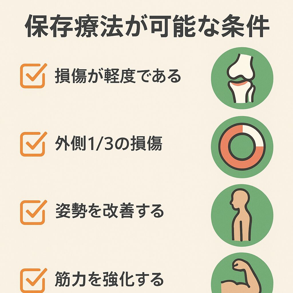 半月板損傷で保存療法が可能となる4つの条件をまとめたイラスト図解