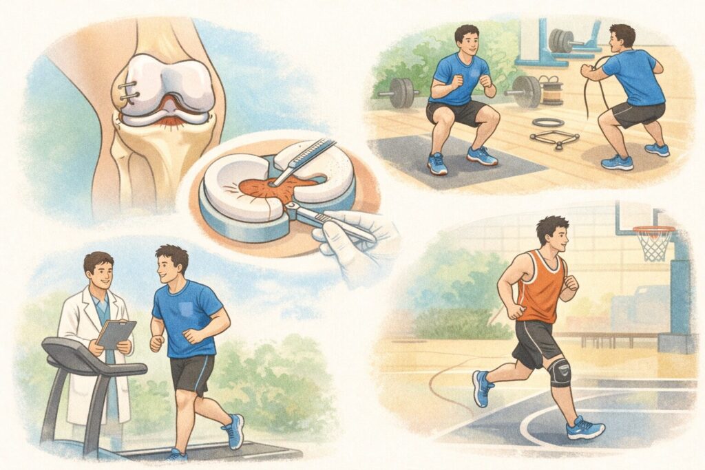 半月板損傷から手術、リハビリ、バスケットボール復帰までの過程を段階的に表したイラスト
