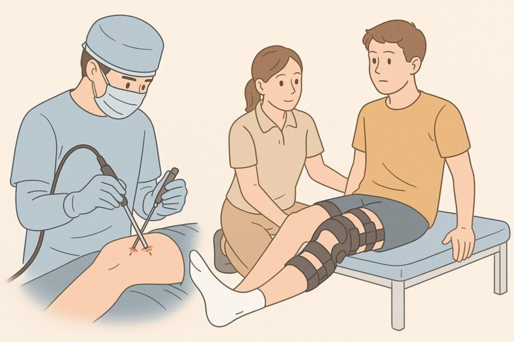 膝の手術シーンとリハビリを受ける若い男性を描いた説明用イラスト