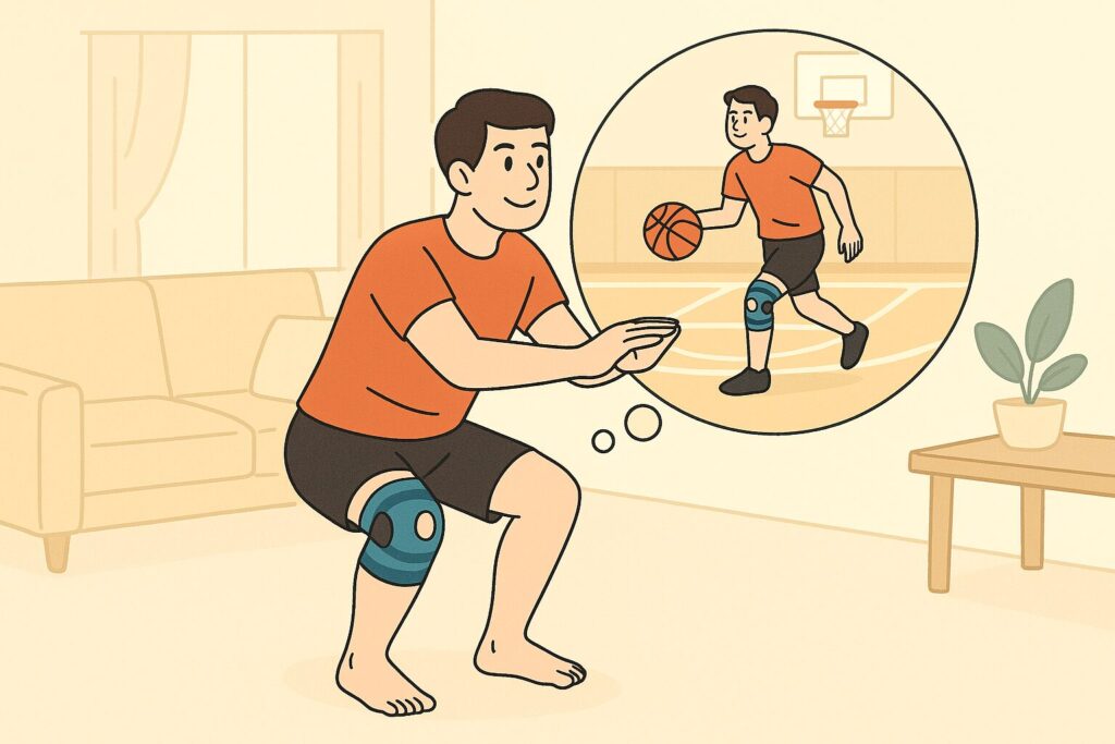 リビングでハーフスクワットをしながら、体育館でドリブルして走る自分の姿を想像している男性のイラスト。右膝にはサポーターを装着している。