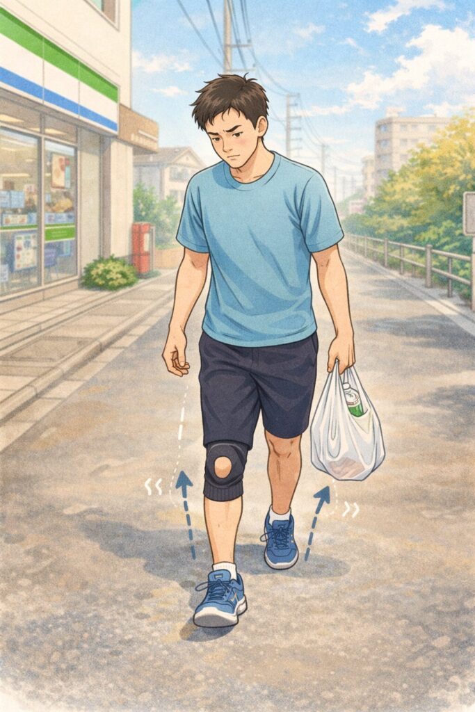 O脚を自覚しながら、半月板手術後に歩き方を意識してコンビニから帰宅する男性の様子を描いたイラスト