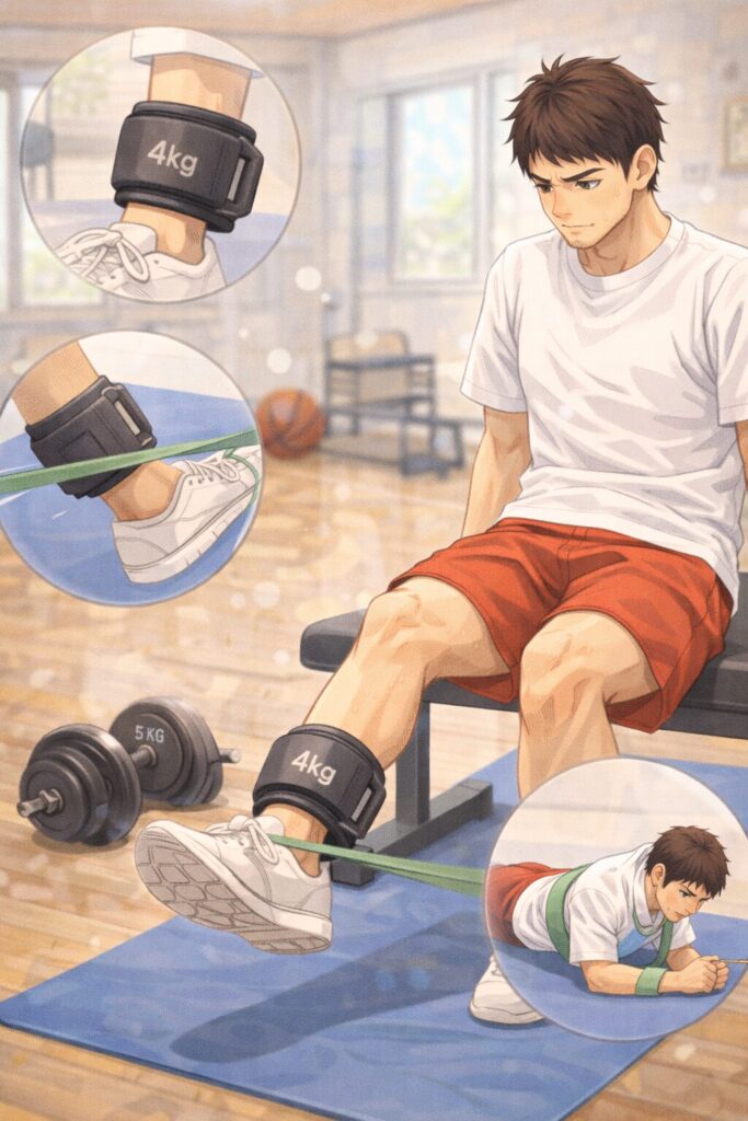 アンクルウエイトとチューブを使って脚上げトレーニングを行う30代男性